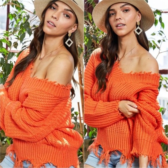 !!! SALE  --- FRAYED ORANGE SWEATER - Picture 2 of 14